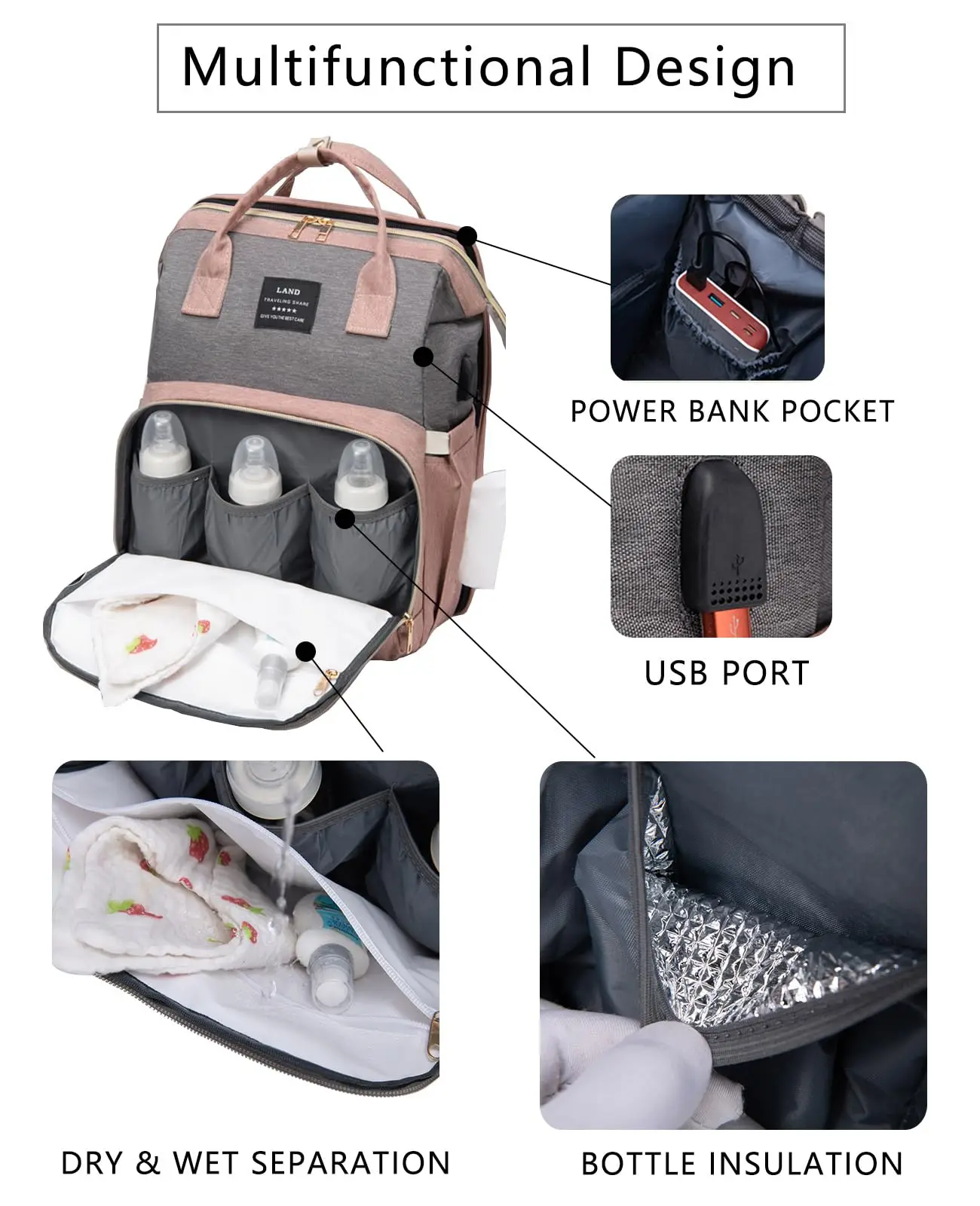 Mochila pañales con cambiador impermeable y organizador multibolsillos