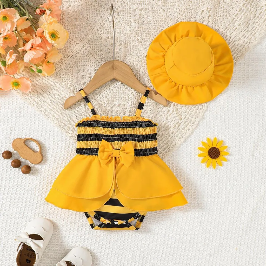 Body recién nacido a rayas amarillas estilo abeja con sombrero