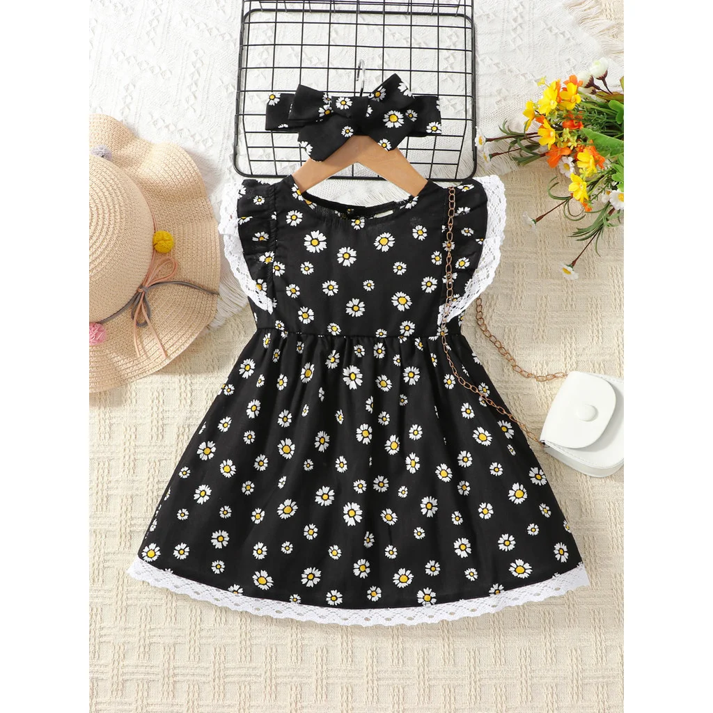 Conjunto vestido niña margaritas de encaje sin mangas negro verano - imagen 2