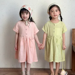 Vestido verano niña de algodón con botones y bolsillo