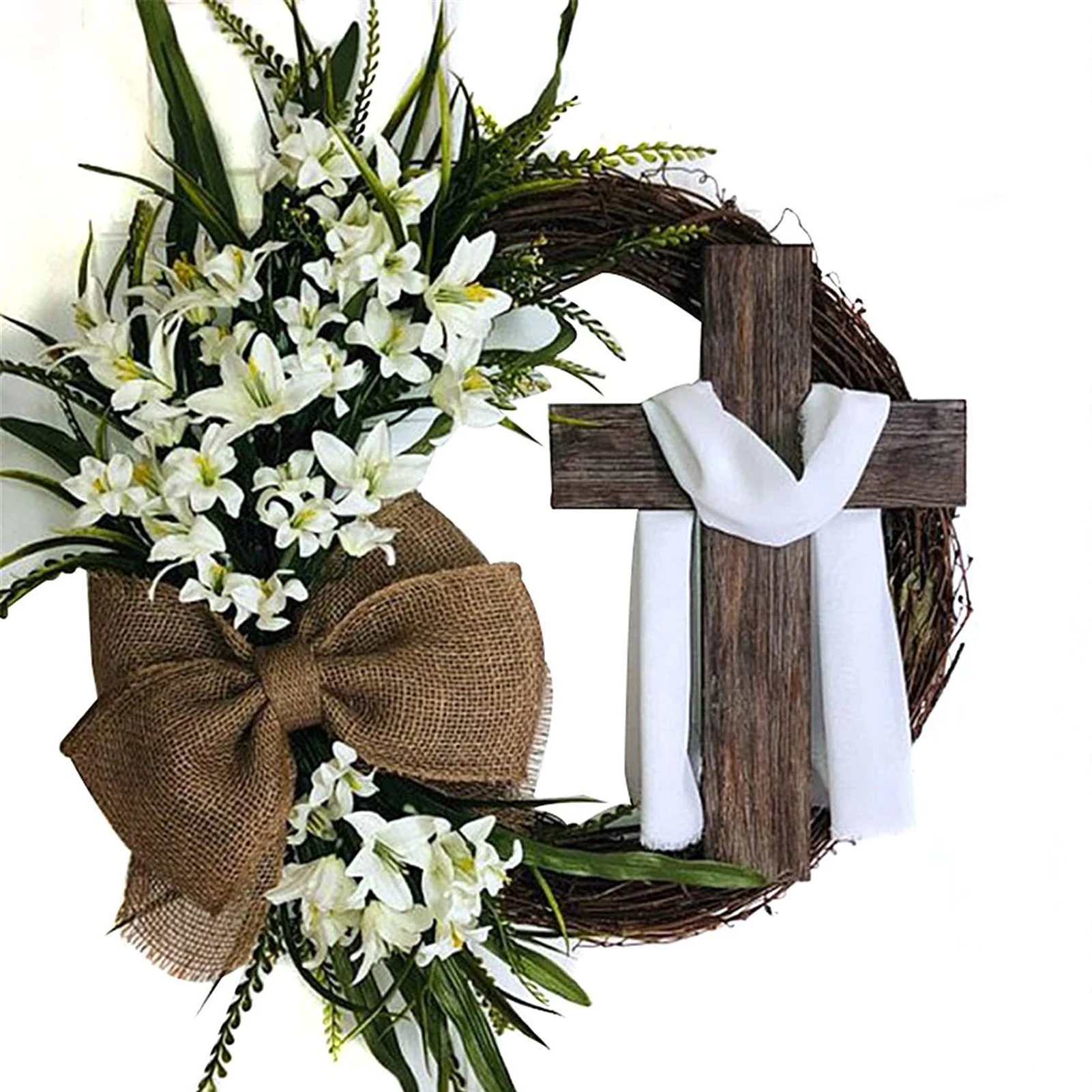 Corona de Pascua colgante con cruz y lazo en arpillera - imagen 5