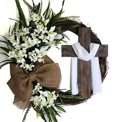 Corona de Pascua colgante con cruz y lazo en arpillera