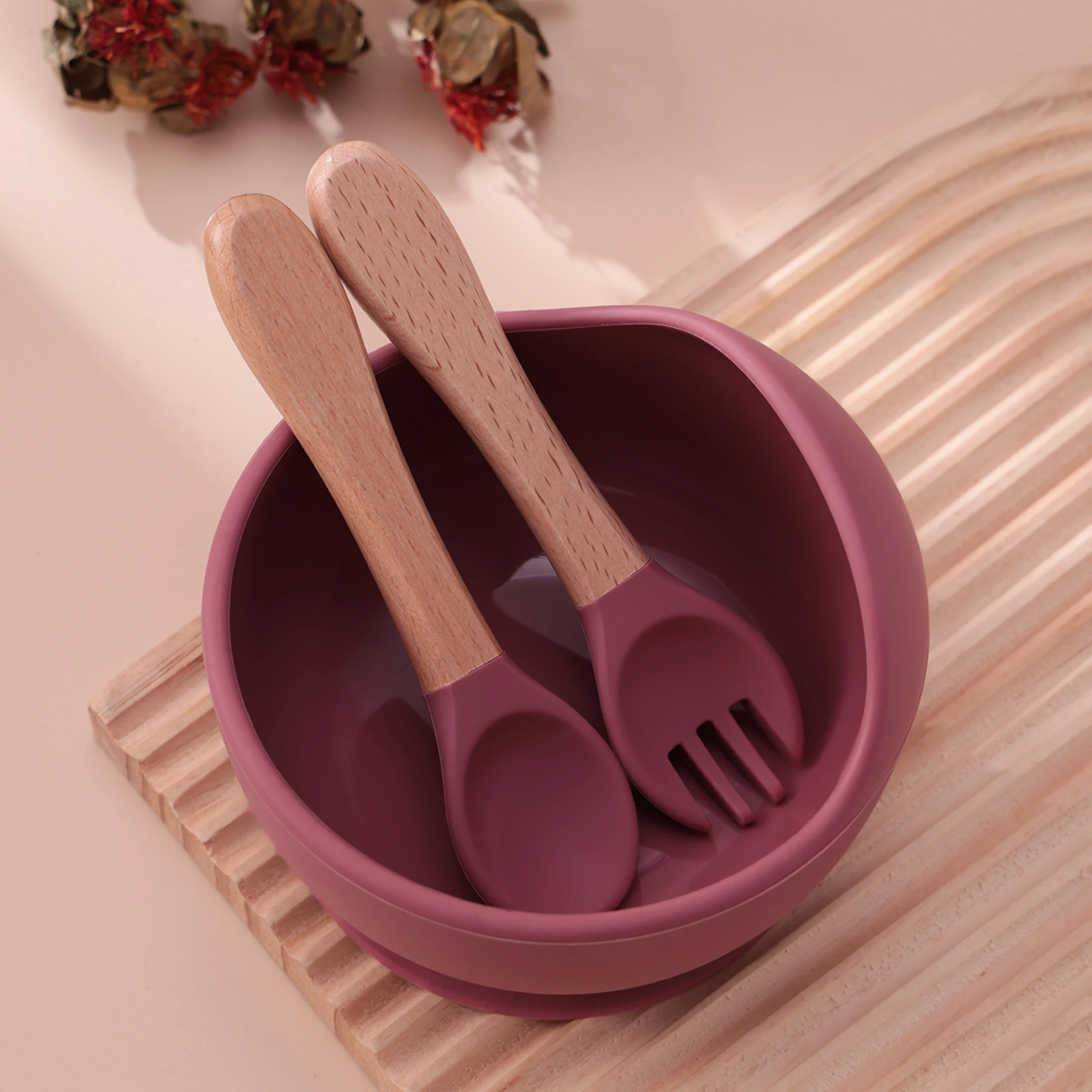 Juego alimentación bebé: tazón silicona ventosa, cubiertos de madera - imagen 3