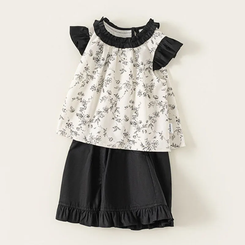 Conjunto verano niña: top sin mangas floral y pantalón corto negro - imagen 3