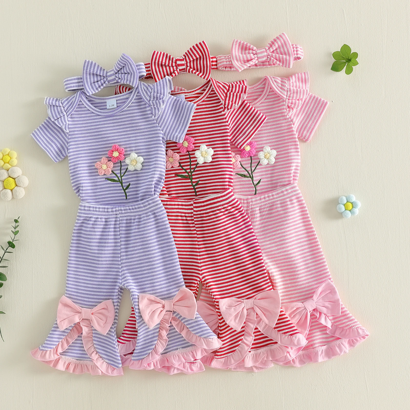 Conjunto de verano para niña con rayas y flores de ganchillo