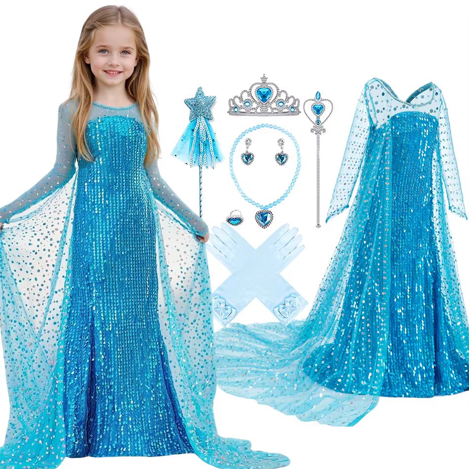 Disfraz tipo vestido de Elsa con lentejuelas azules para niñas - imagen 3