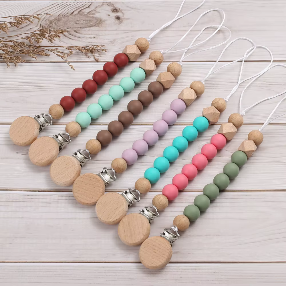Cadena chupete silicona para bebé mordedor – Madera y colorido - imagen 4