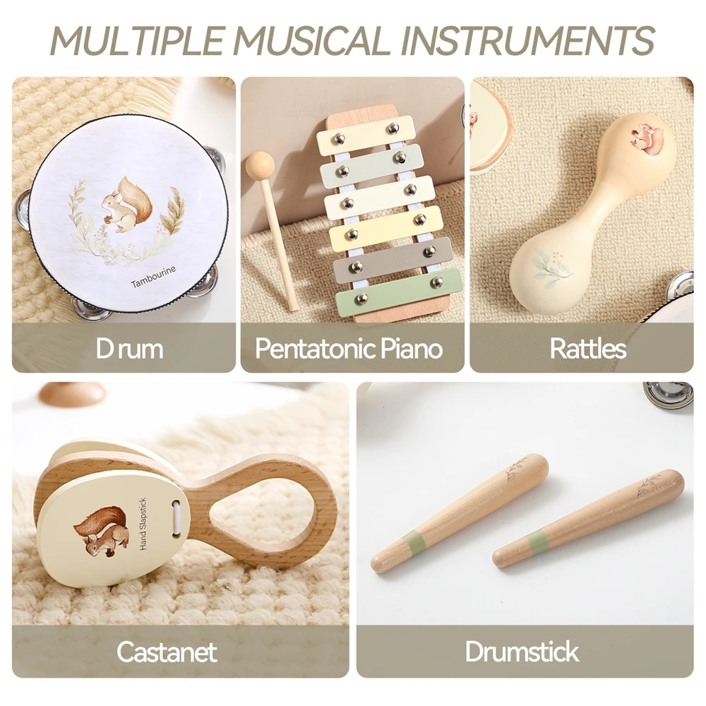 Instrumentos musicales Montessori de madera para bebés – xilófono/tambor - imagen 4
