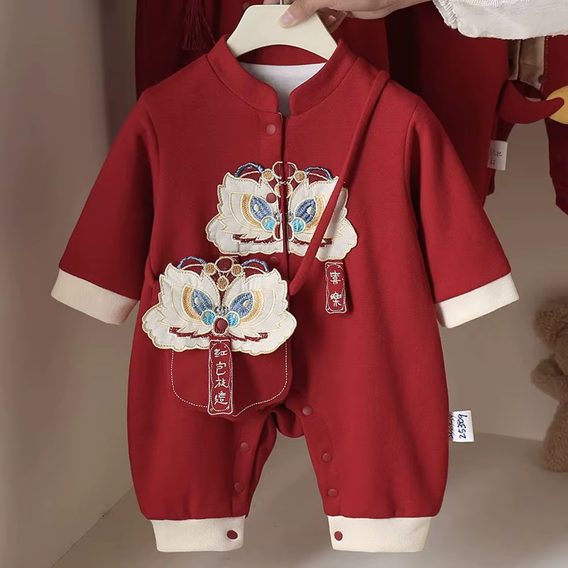 Conjunto bebé niña de otoño: mono rojo bordado de manga larga