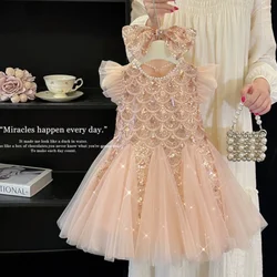 Vestido de tul de fiesta para niña con lentejuelas y mangas abullonadas