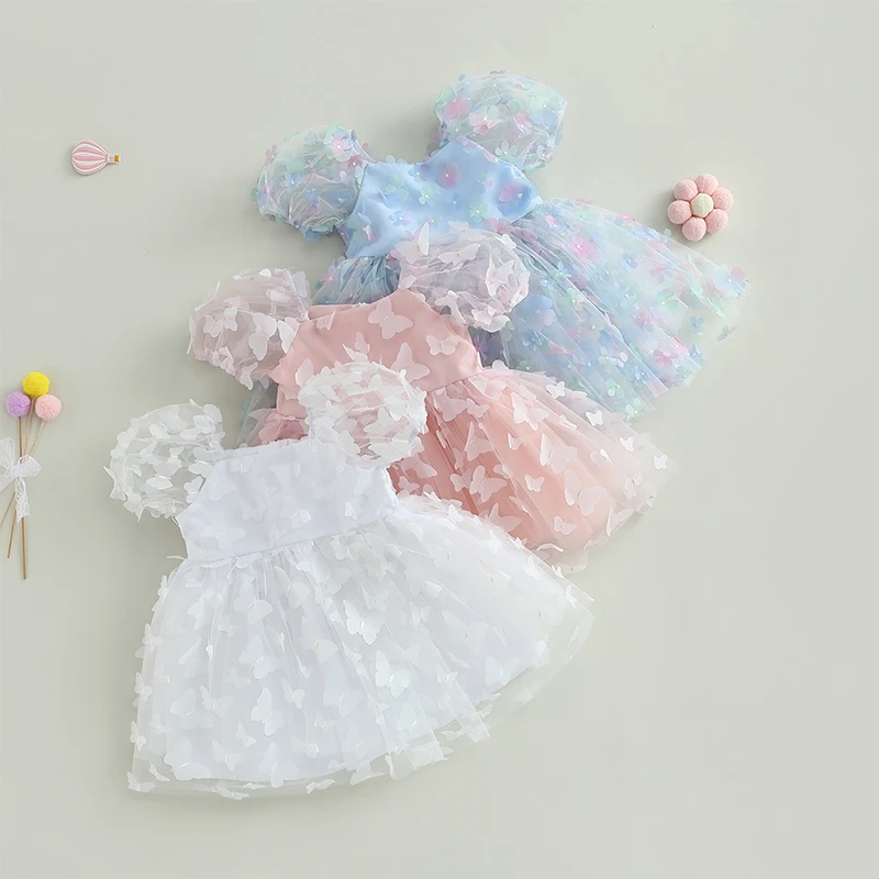 VISgogo Neonate vestido de niña tipo A con tul y mariposas