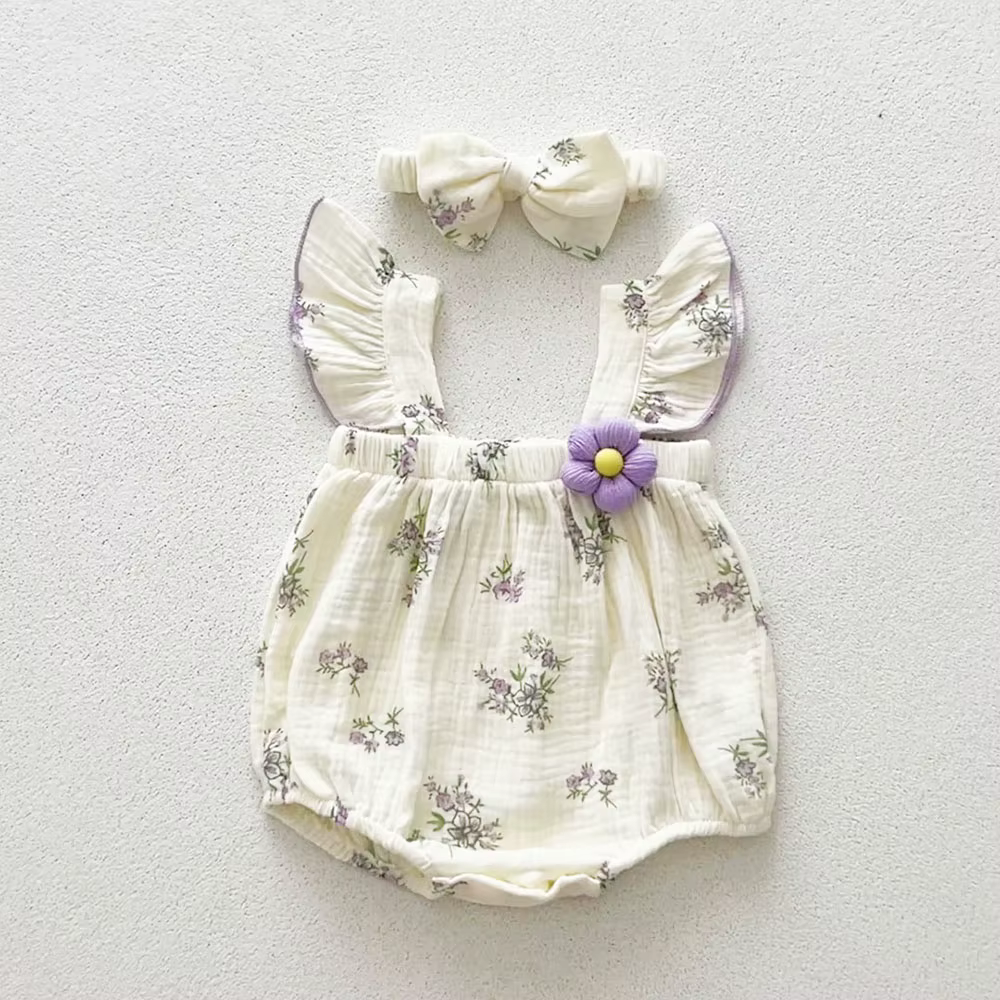 Body de lino con volantes floral para bebé con diadema