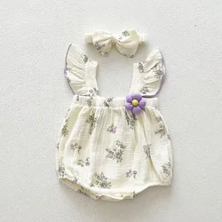 Body de lino con volantes floral para bebé con diadema