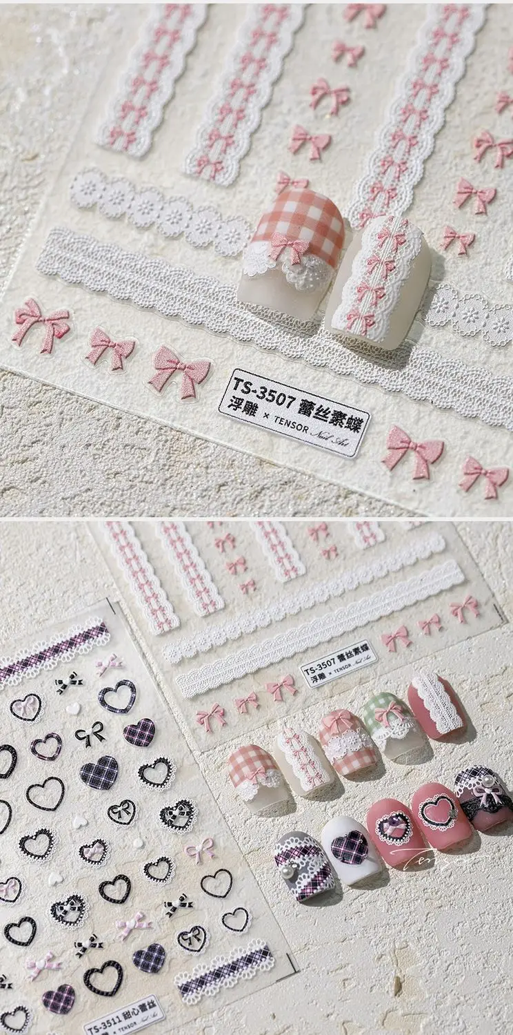 Diseño 3D de lazo de encaje en pegatinas para uñas