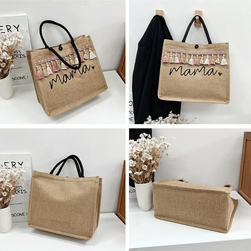 Bolso de mano de lino con letras estampadas para mujer