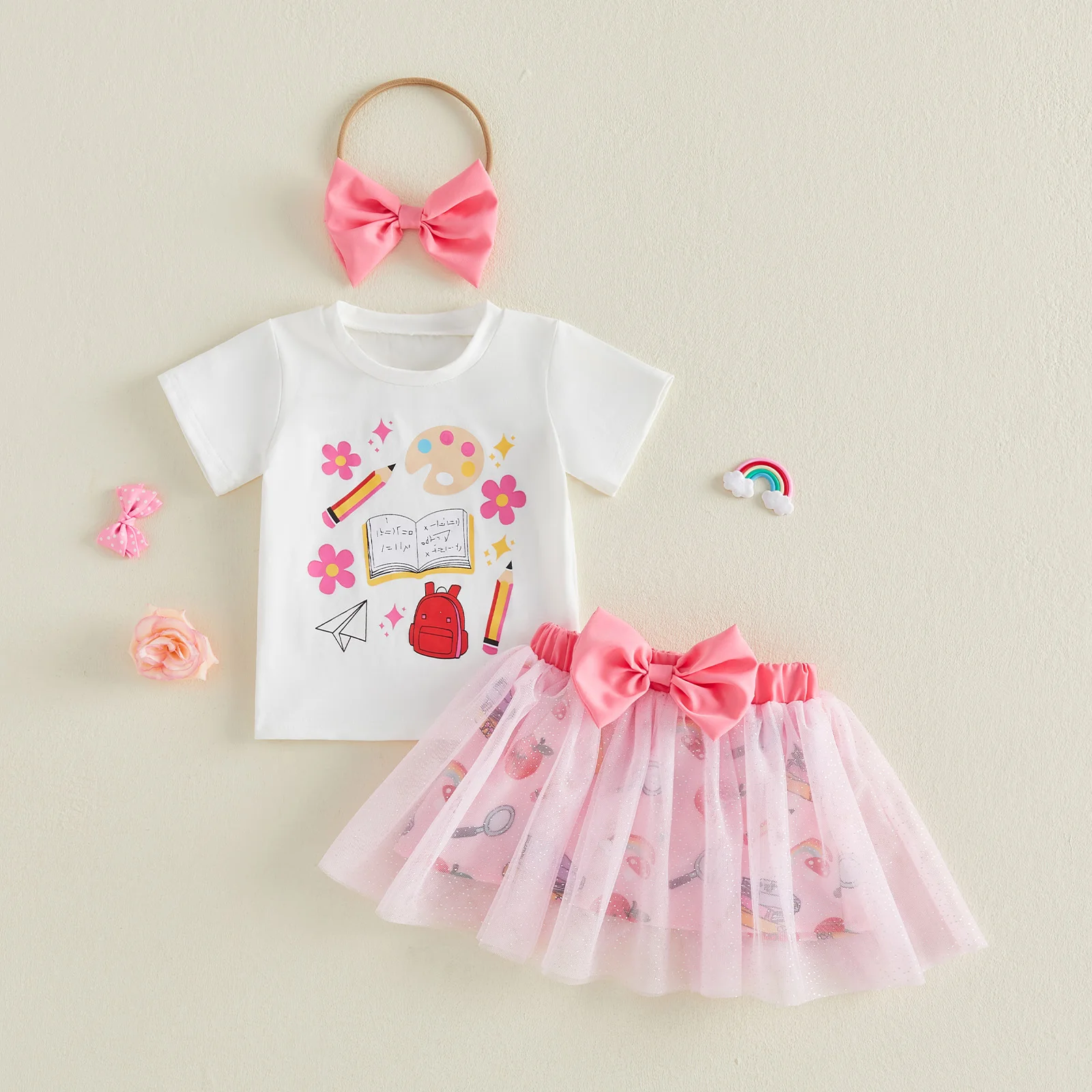 Conjunto niña blusa floral y falda de tul con diadema lazo - imagen 2