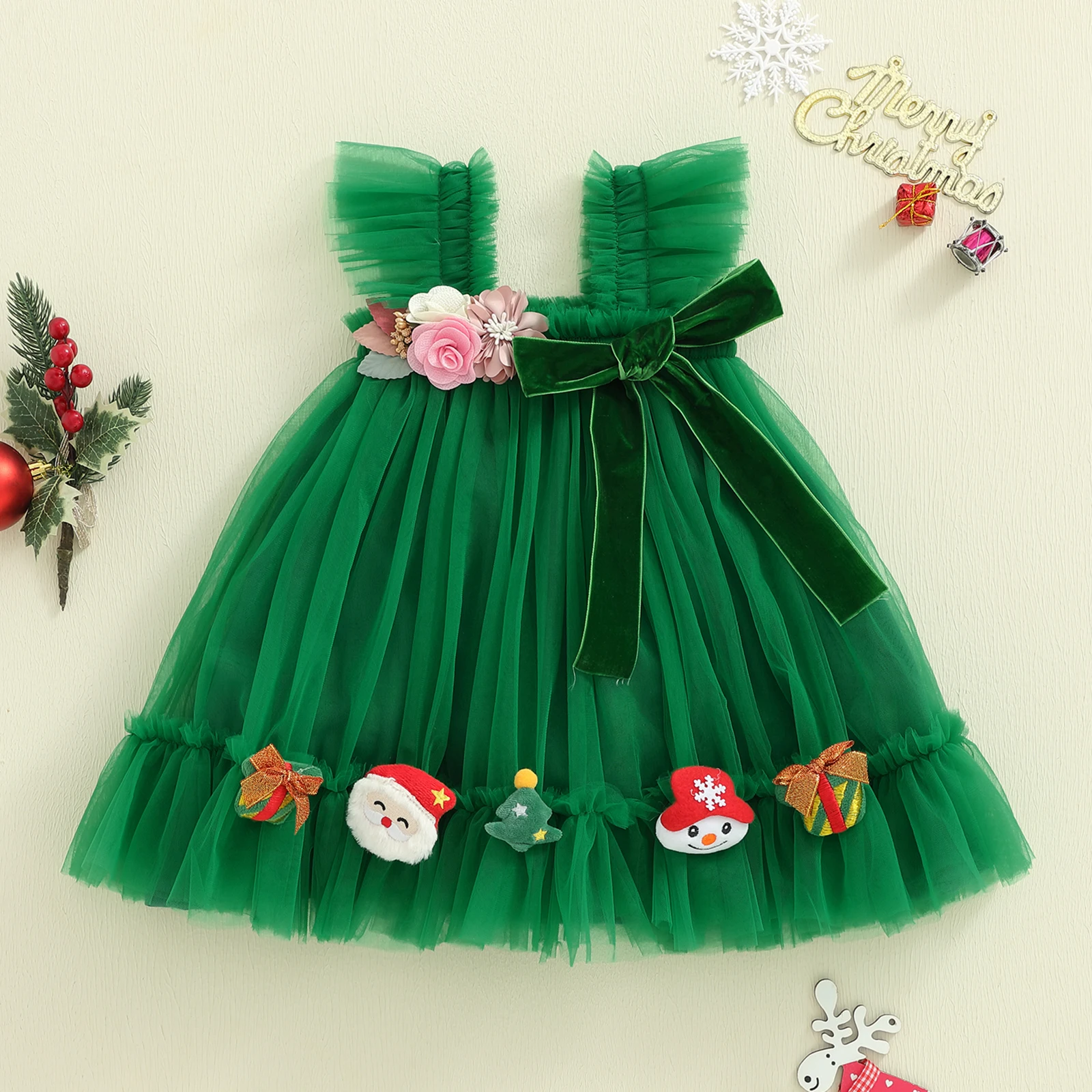 Tregren Vestido de princesa de tul navideño para niña con lazo