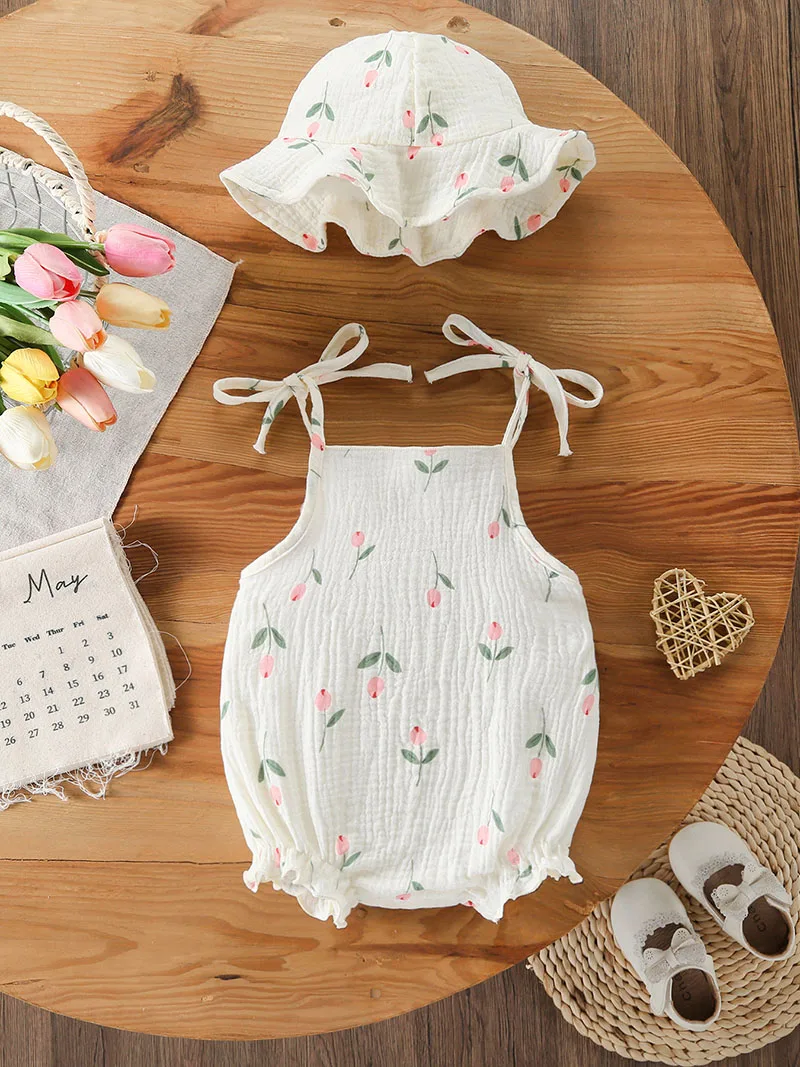 Body de verano bebé floral con tirantes y gorro tulipán - imagen 2