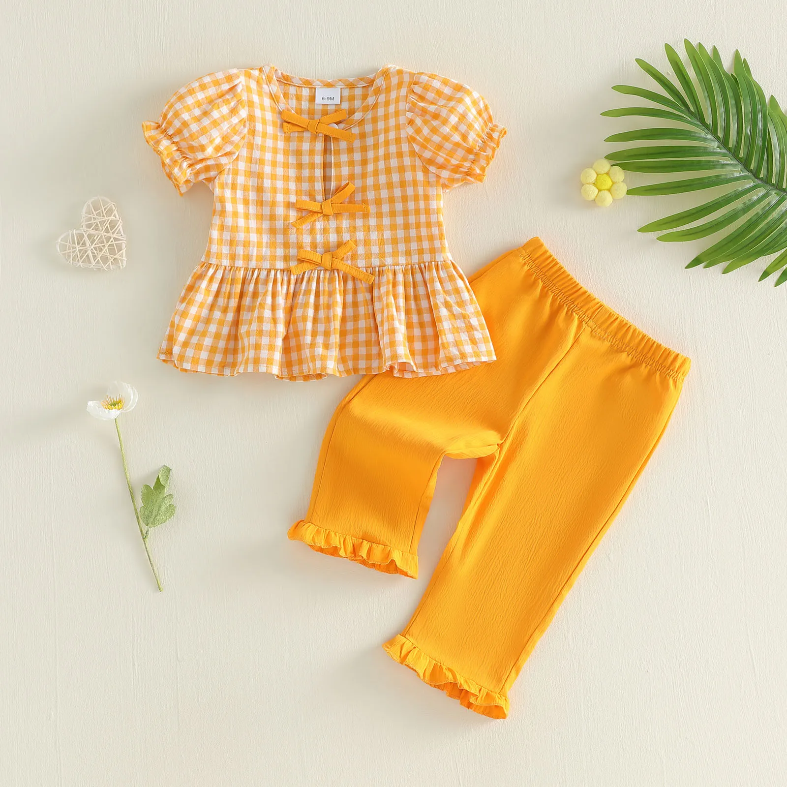 VISgogo Conjunto de verano para niña con camiseta a cuadros y volantes - imagen 3