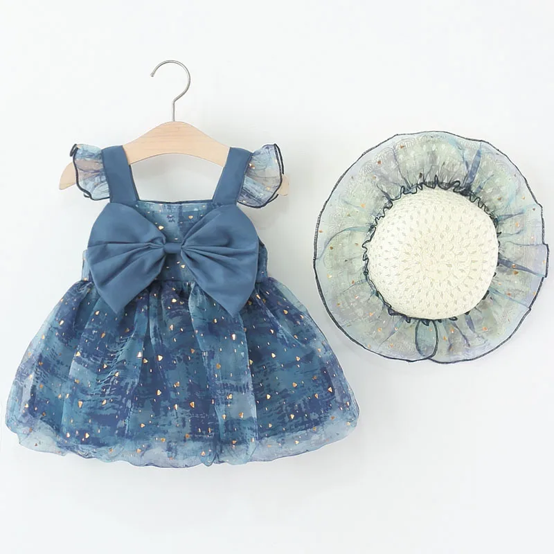 Vestido princesa de verano para niña con lazo y sombrero