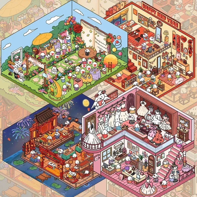 Variedad de diseños kawaii con animales y paisajes