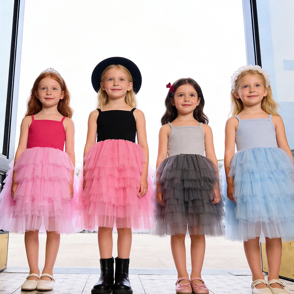 DXTON Vestido de verano para niñas tul y algodón con tirantes - imagen 2