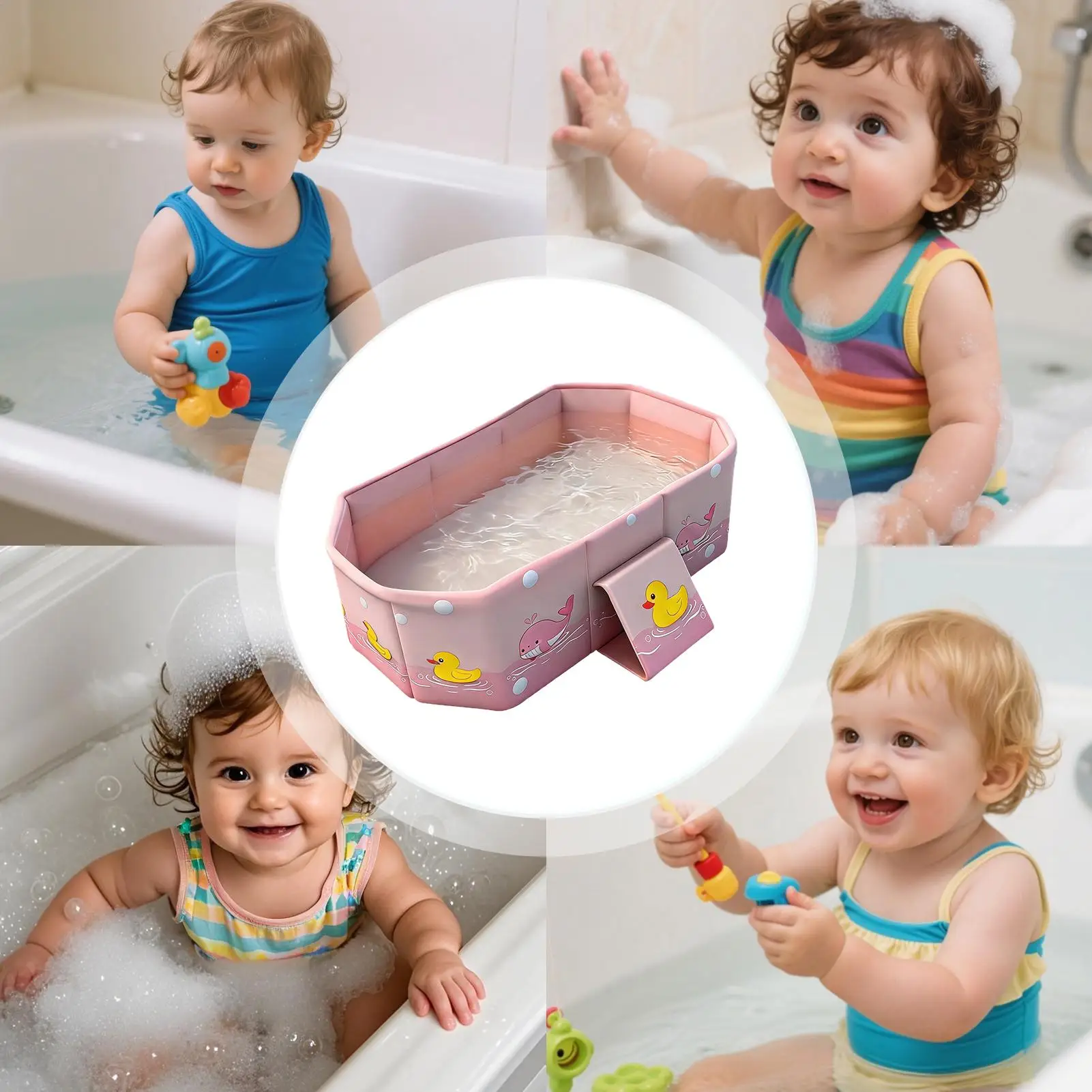 Bañera bebé plegable con drenaje compacta y segura para niños - imagen 5