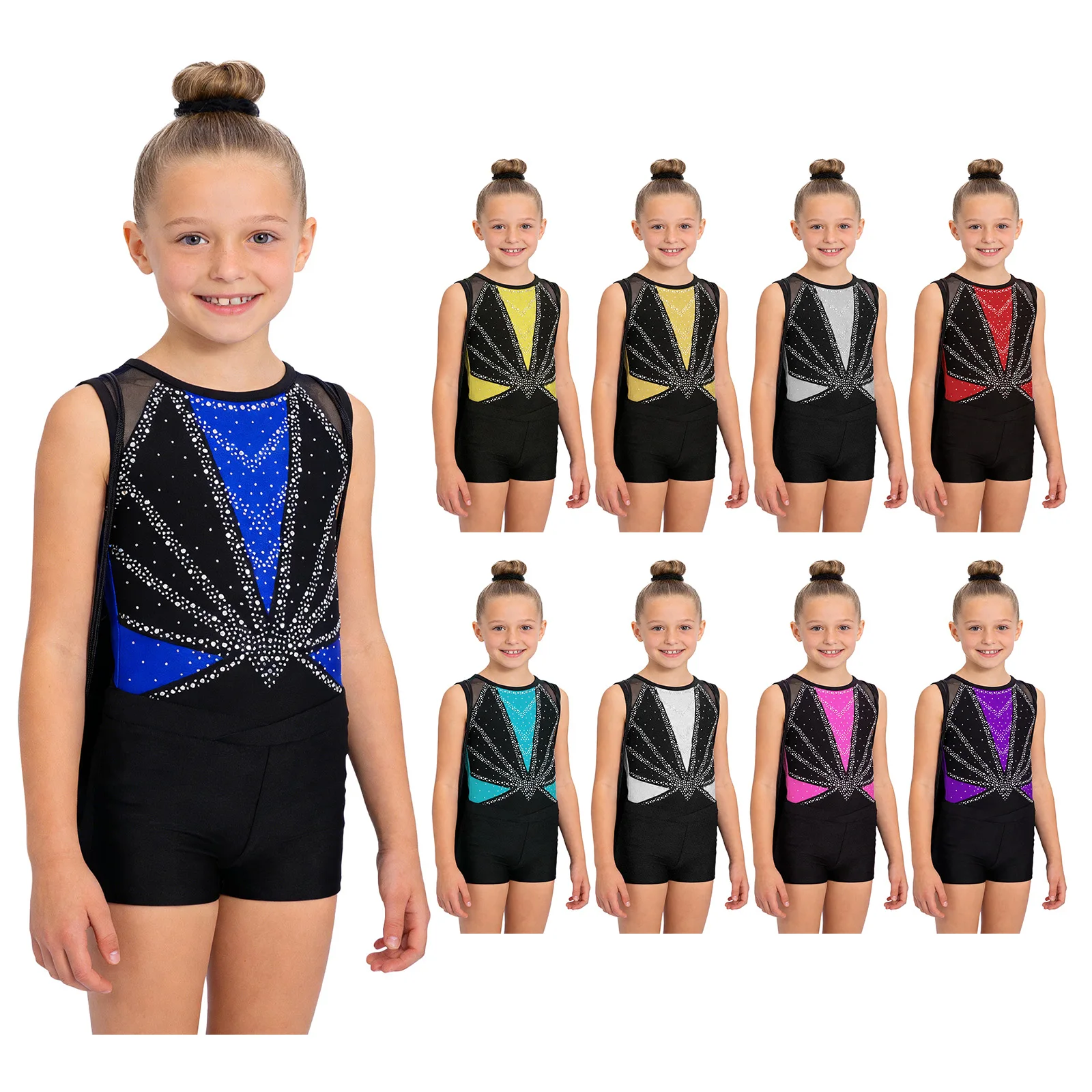 Body de danza infantil sin mangas con strás y pantaloncitos para niñas - imagen 2