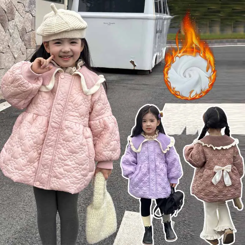 Chaqueta acolchada cálida para niñas con lazo y estilo dulce - imagen 2