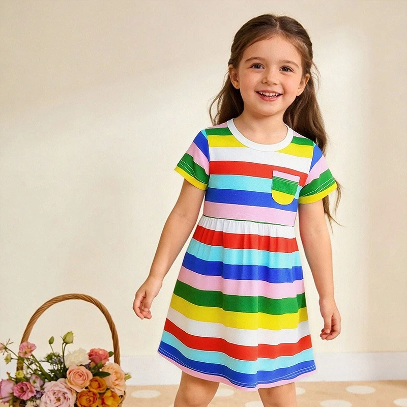 Vestido de algodón veraniego para niñas estilo princesa con arcoíris - imagen 2