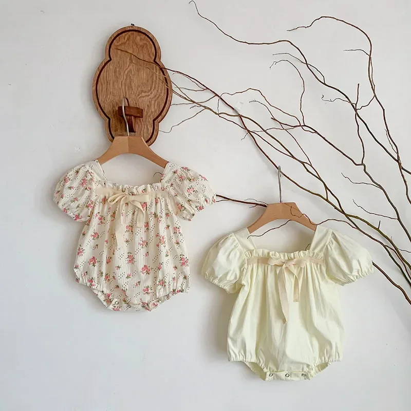 Pelele floral de verano para bebé recién nacido – Mangas abullonadas con pajarita
