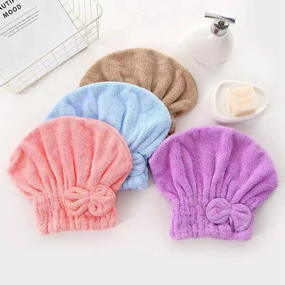 Turbante de ducha de microfibra con nudo lazo para secar cabello rizado
