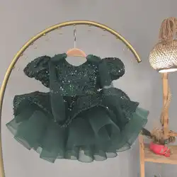 Vestido de tul con lentejuelas verde esmeralda para niña