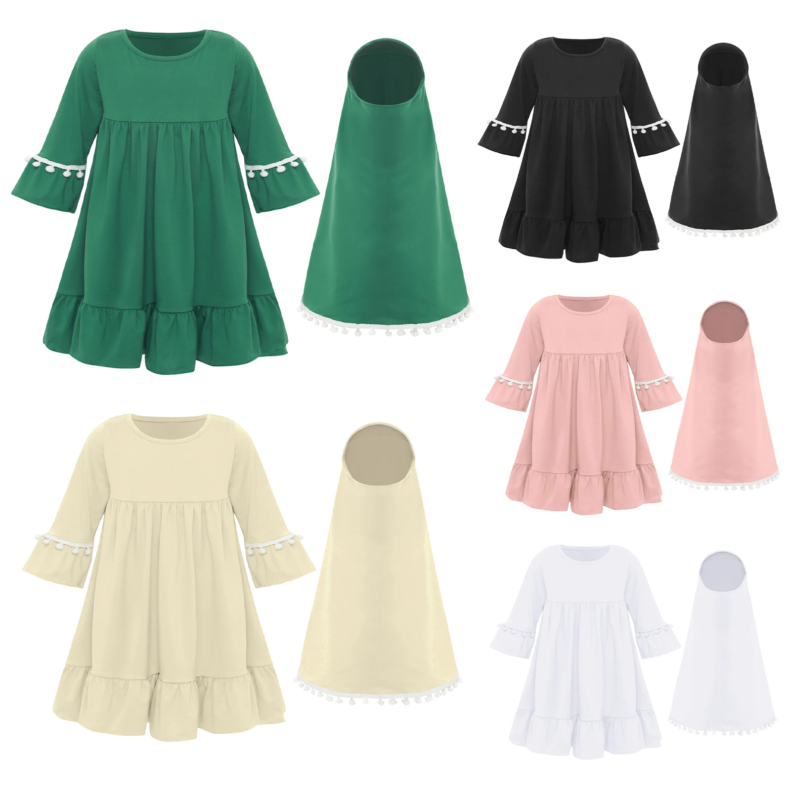 Bata musulmana para niña con hijab y borlas para Eid - imagen 2
