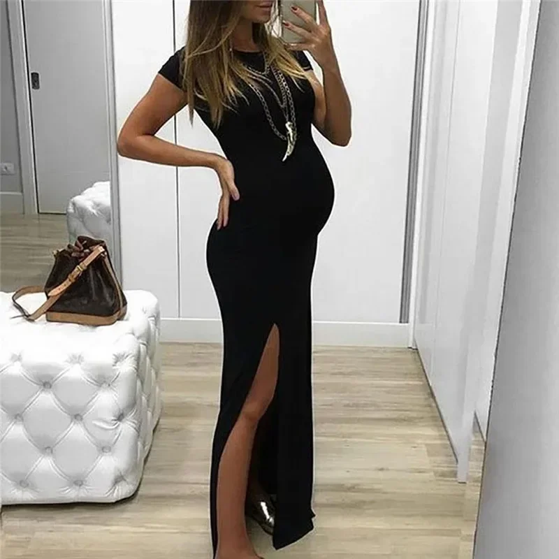 Vestido de maternidad largo entallado liso con cuello redondo - imagen 3
