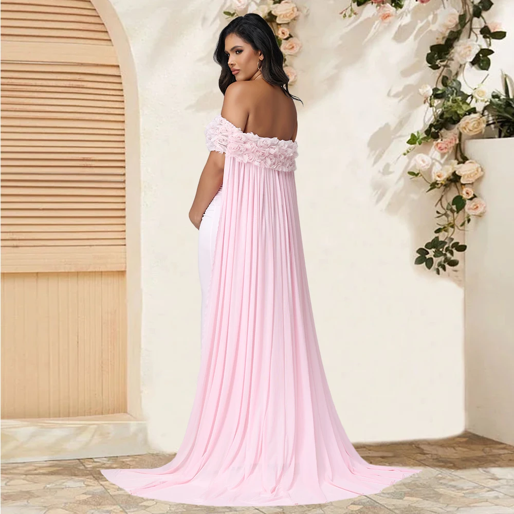 Vestido maternidad floral hombros al aire capa malla maxi Baby Shower - imagen 2