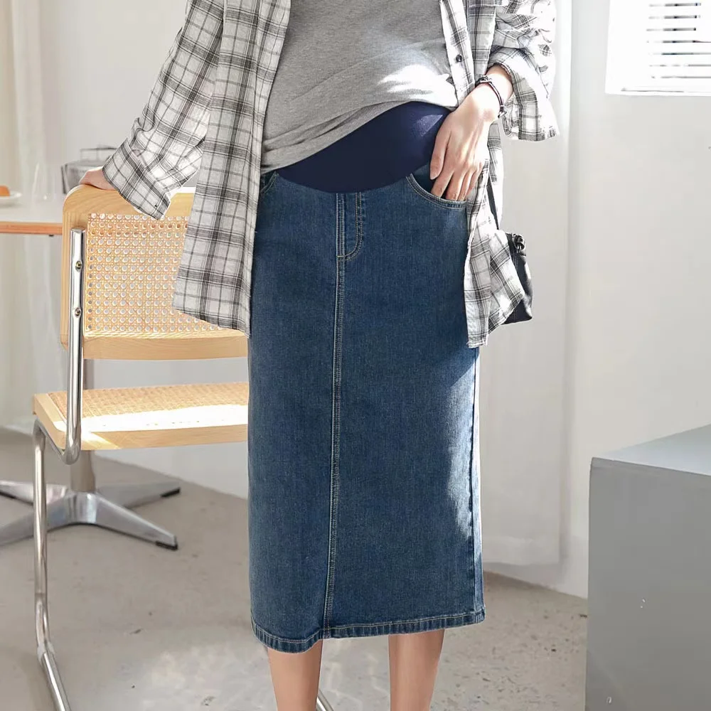 Falda de embarazo de mezclilla elástica tipo lápiz para otoño - imagen 3