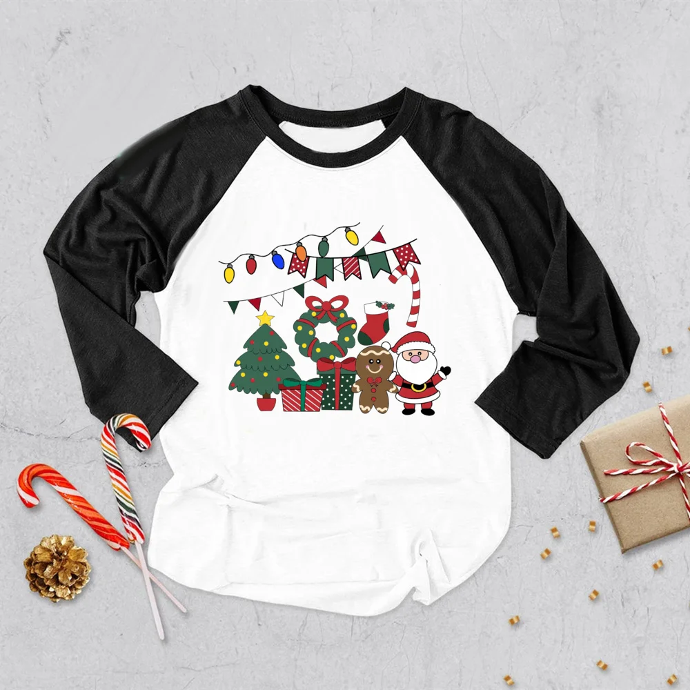 Camiseta navideña para niños manga larga raglán con Papá Noel y ciervo - imagen 4