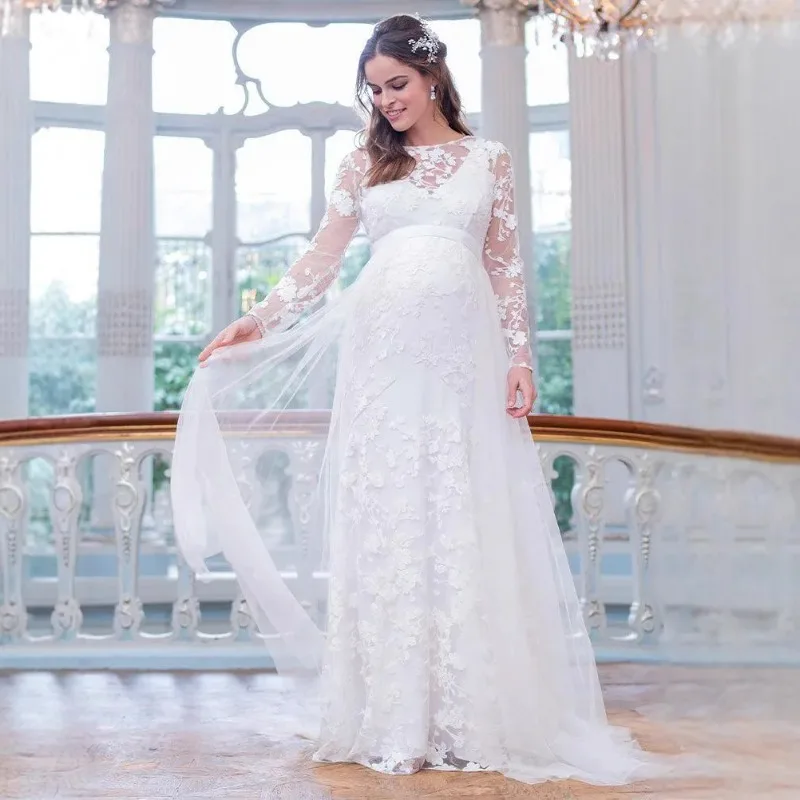 Vestido de maternidad largo con encaje y espalda en V para boda