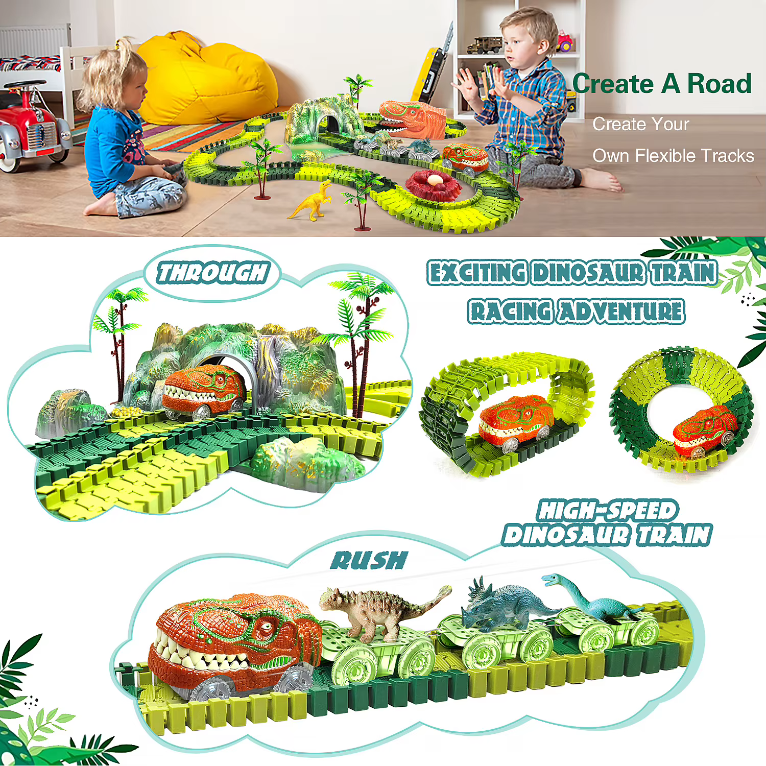 Juguete tren dinosaurio con pista flexible coche y carreras - imagen 2