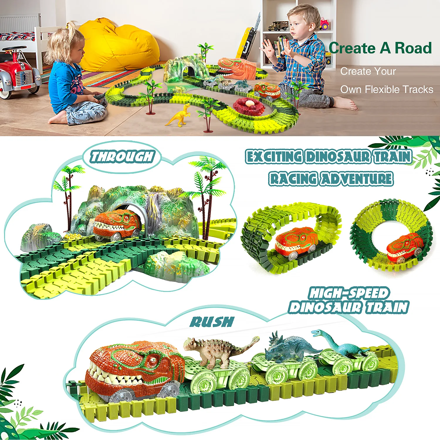 Juguete tren dinosaurio con pista flexible coche y carreras - imagen 3