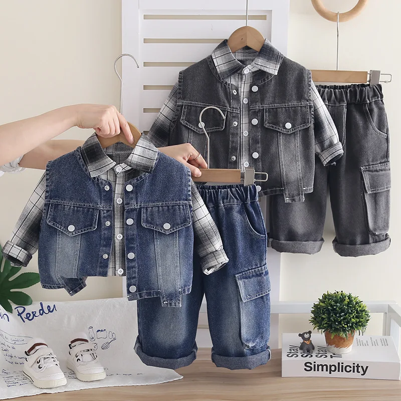 Conjunto ropa bebé: chaleco a cuadros, camiseta manga larga y pantalón - imagen 3
