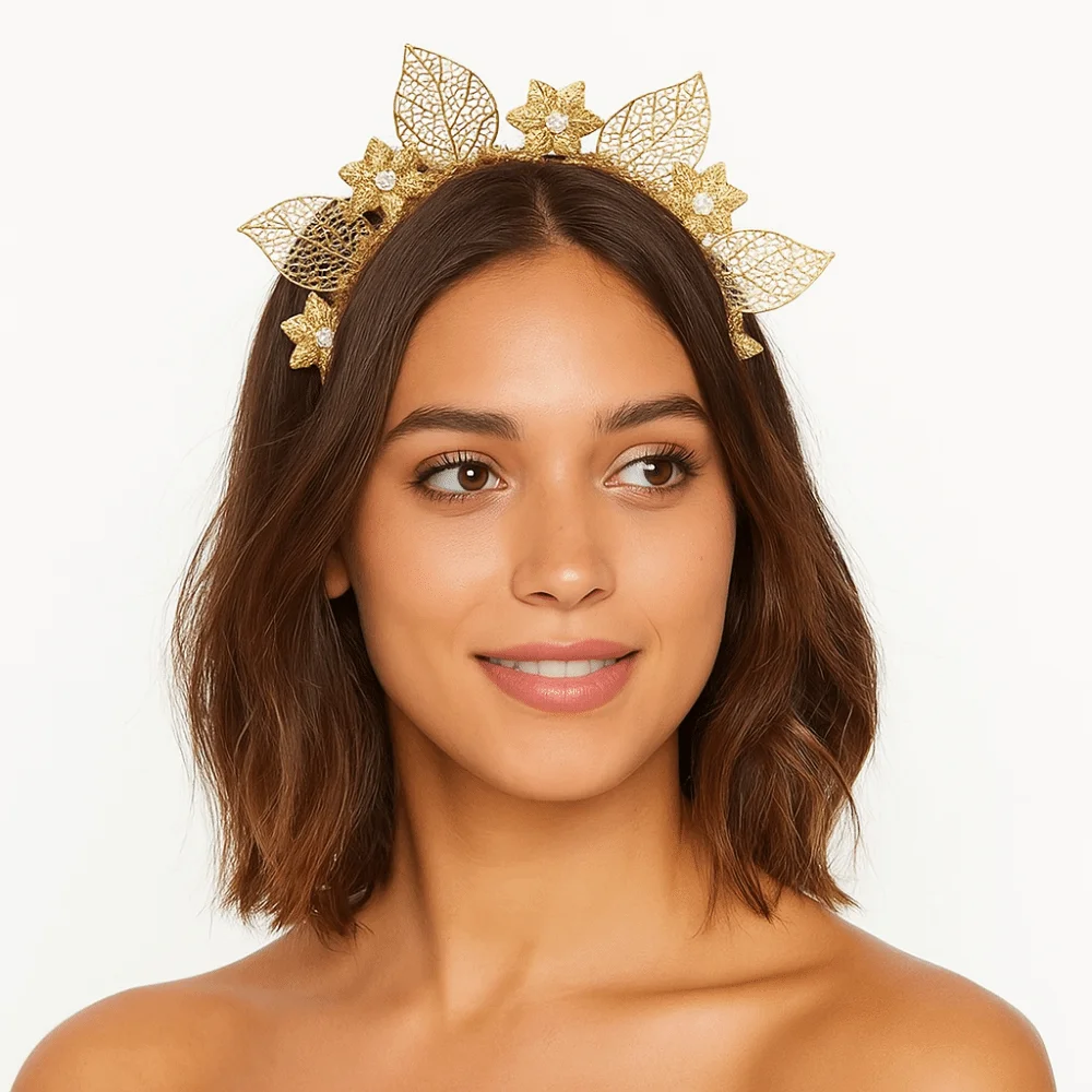 Diadema dorada floral con halo de flores y pedrería para bodas - imagen 4