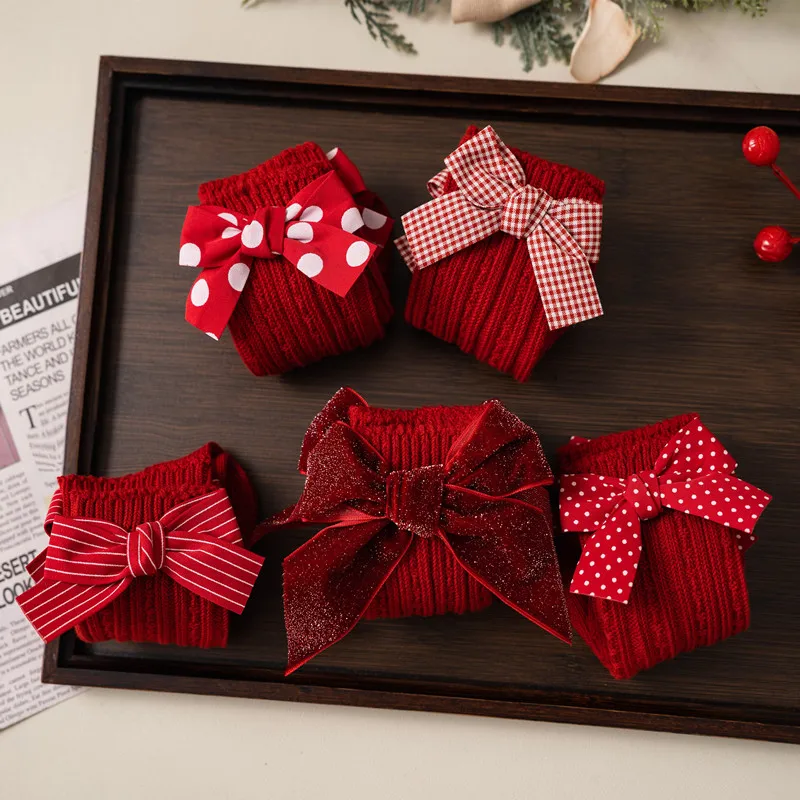 Calcetines navideños con lazo rojo para niñas y calentadores 0-5 años - imagen 3