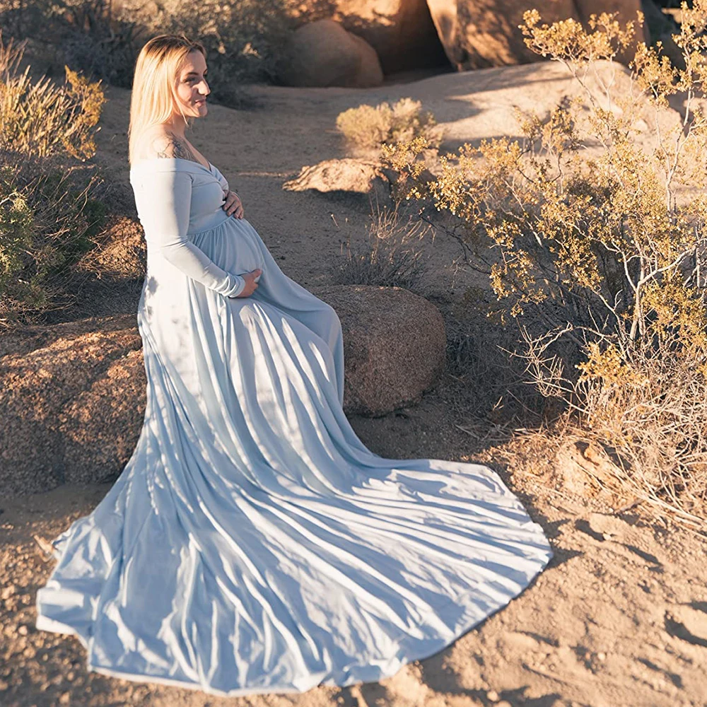 Vestido de maternidad largo con cuello en V y manga larga elegante - imagen 5