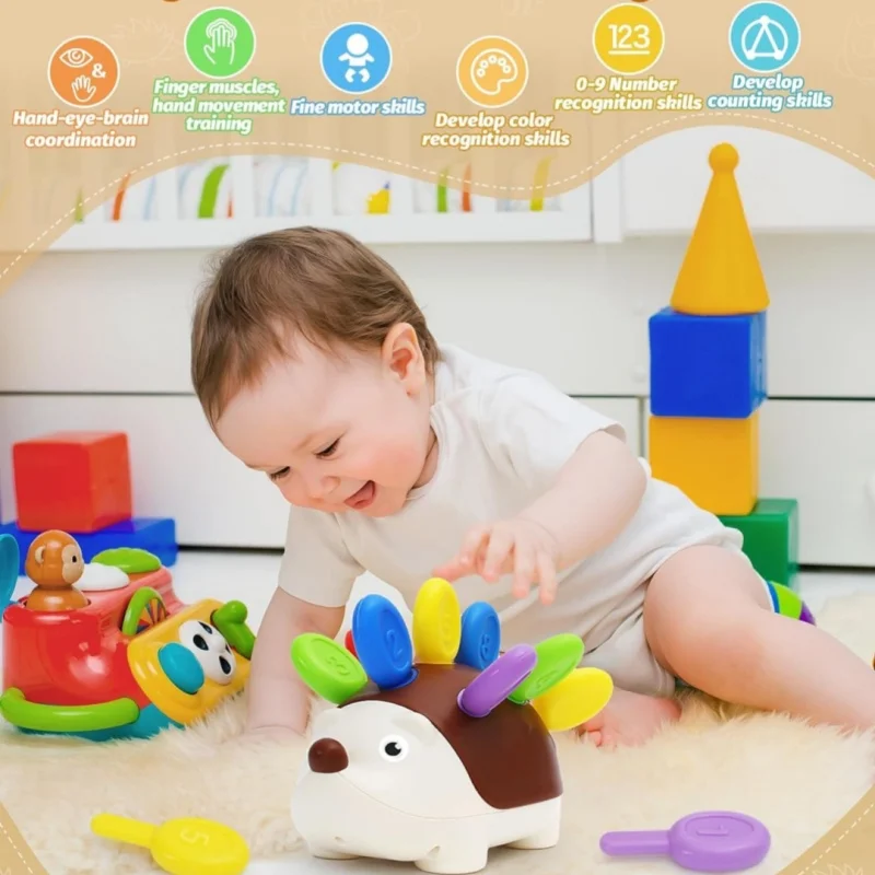 Juguete sensorial Montessori erizo de madera natural para niños - imagen 2