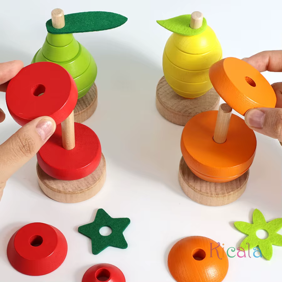 Juguete Montessori de madera con frutas apilables para aprender lógica - imagen 3