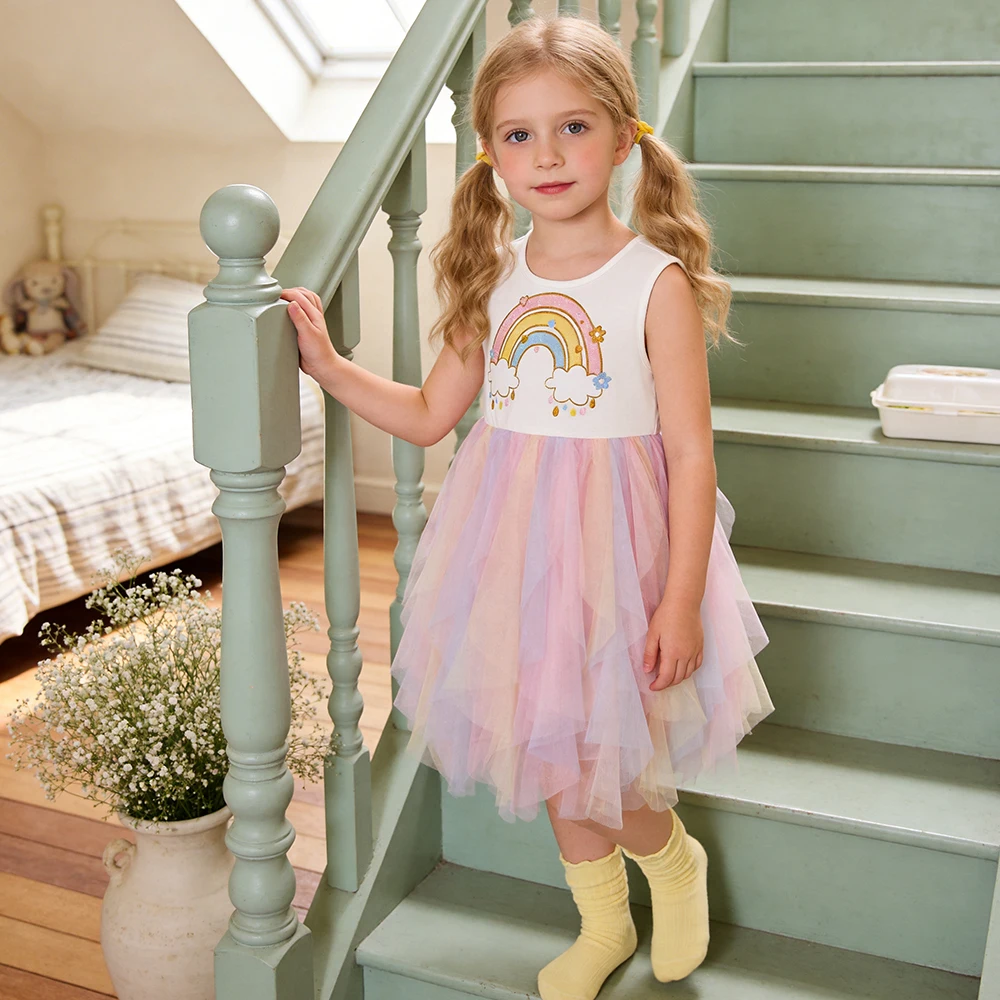 DXTON vestido de fiesta cumpleaños niña algodón arcoíris - imagen 3