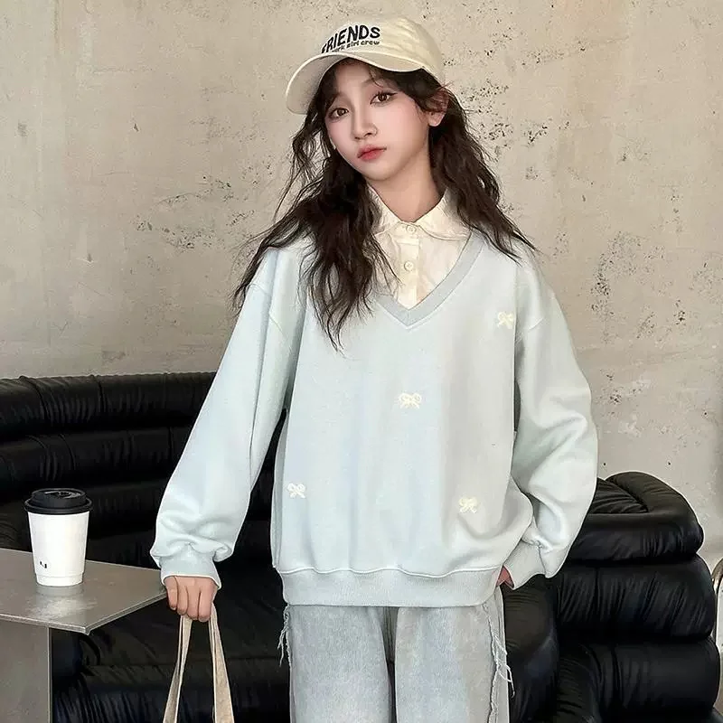Sudadera de primavera para niñas con pajarita y cuello redondo - imagen 2