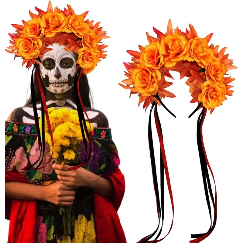 Corona de flores del Día los Muertos con marigolds de tela